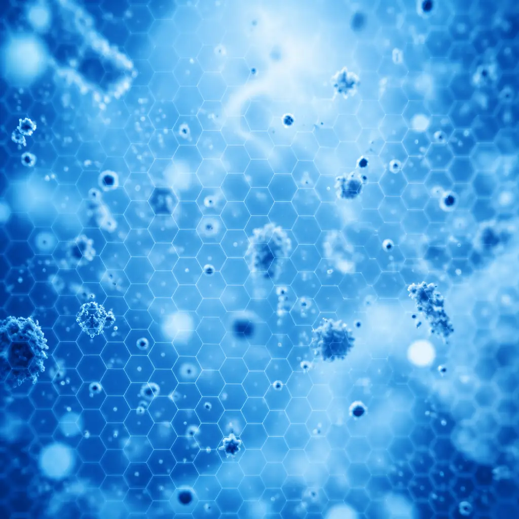 Abstract visualization of microscopic particles suspended in a sterile blue-lit environment with hexagonal safety grid patterns