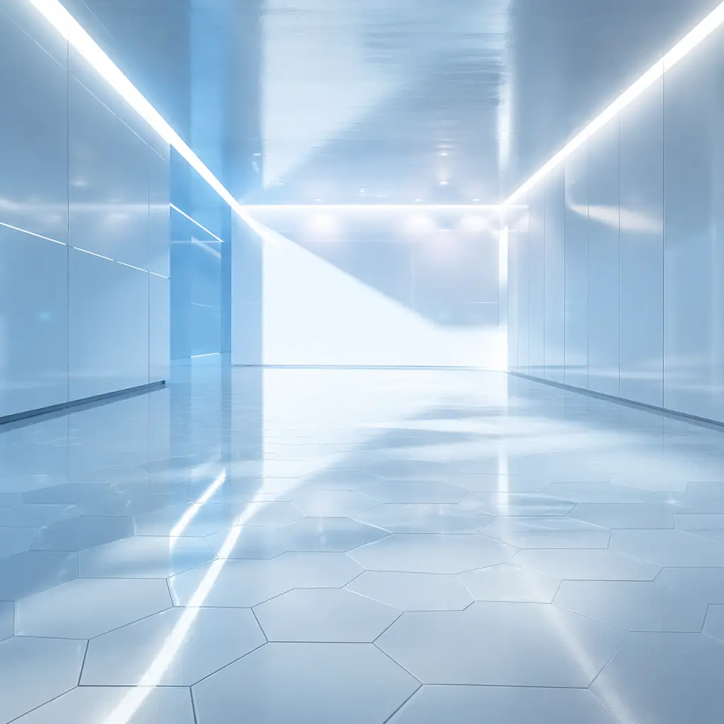 Abstract depiction of a pristine surface under angled blue-white light, with subtle hexagonal patterns suggesting cleanroom floor tiles and sterile environment reflections
