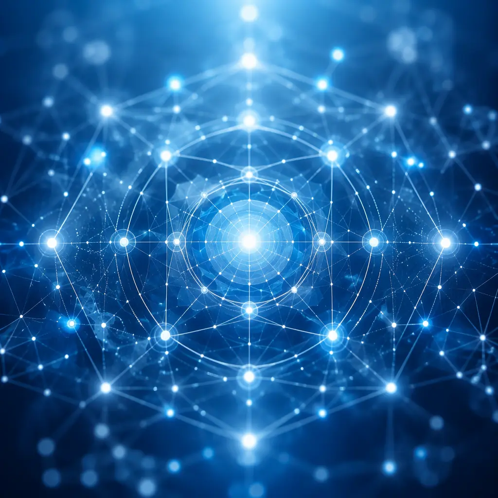 Abstract visualization of interconnected data nodes and geometric compliance framework patterns rendered in cool blue and clean white tones