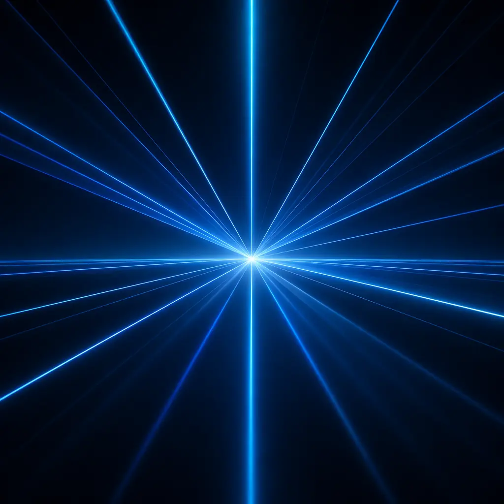 Clean geometric light patterns radiating from a central point across a dark polished surface, suggesting the convergence of automation, data, and laboratory precision