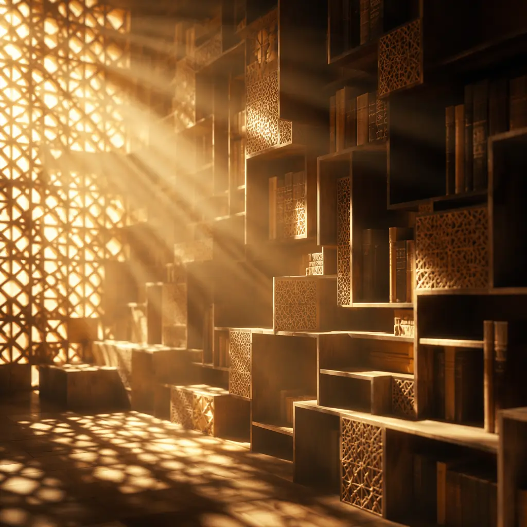 Warm golden light rays filtering through a geometric lattice pattern, suggesting the intersection of knowledge, structure, and illuminated space