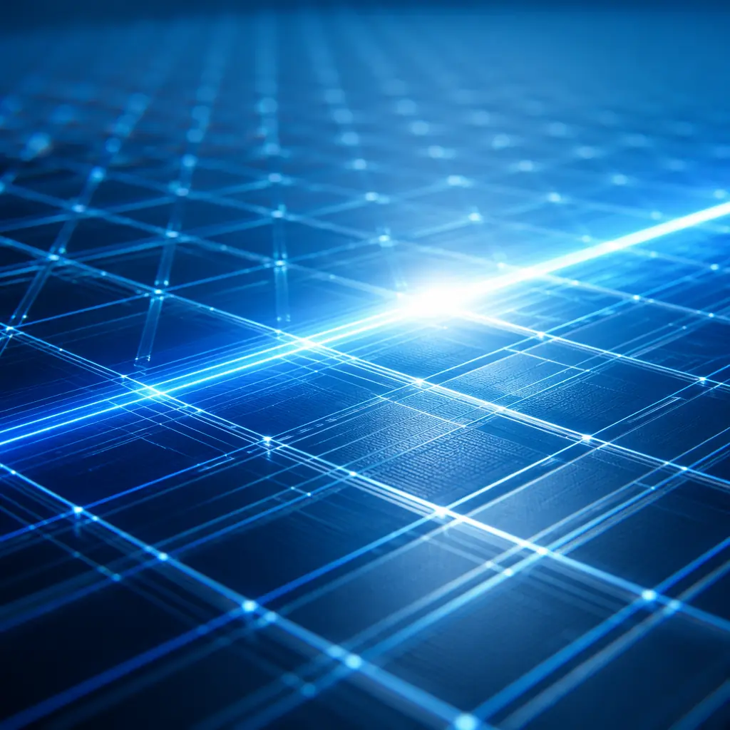 Cool blue-white light scanning across a grid-like surface with precise tracking lines, evoking systematic data capture and inventory precision