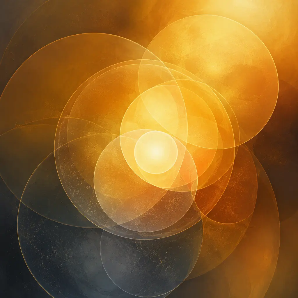 Abstract geometric circles overlapping like nested knowledge domains, with soft amber illumination suggesting discovery and insight