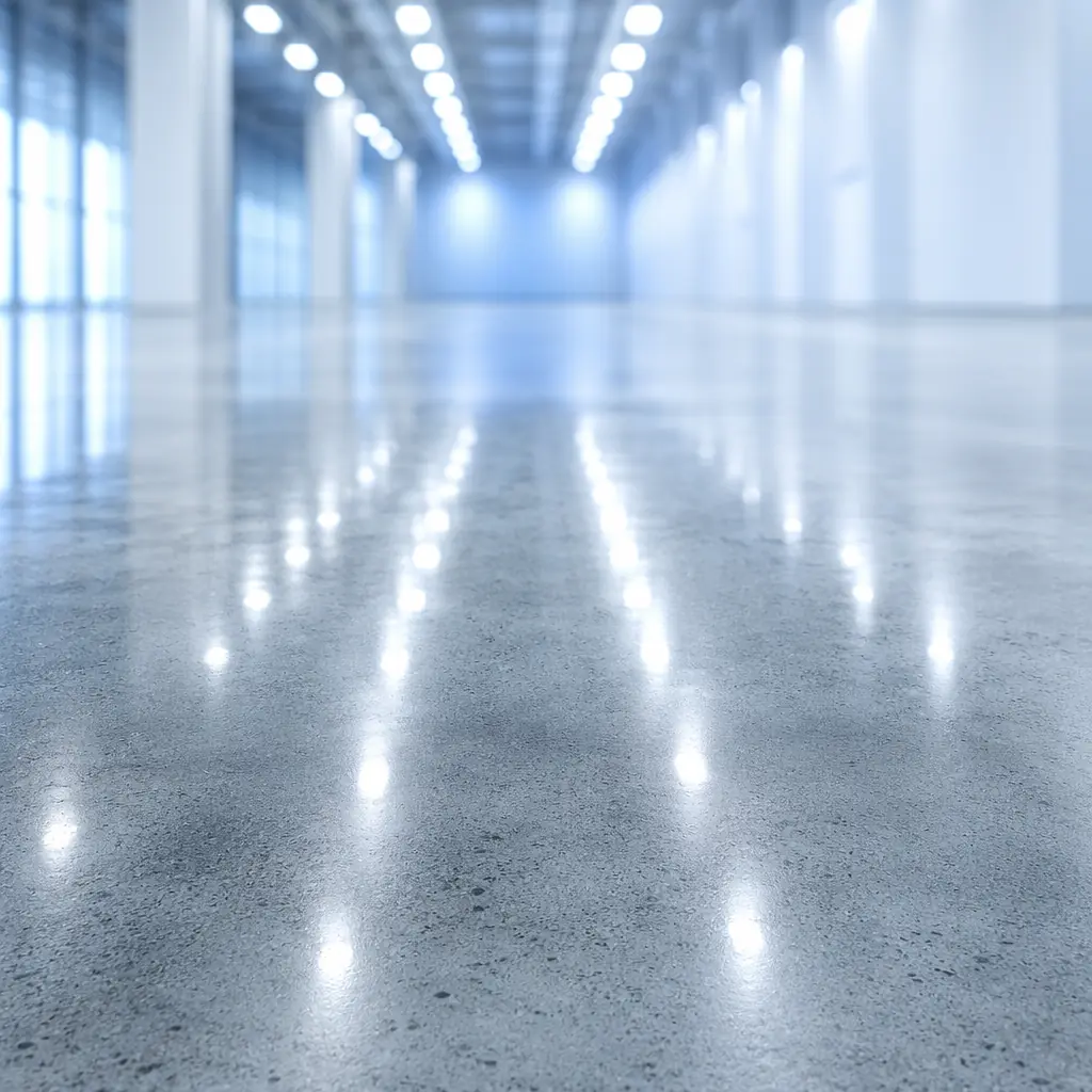 Clean industrial factory floor with overhead lighting reflections