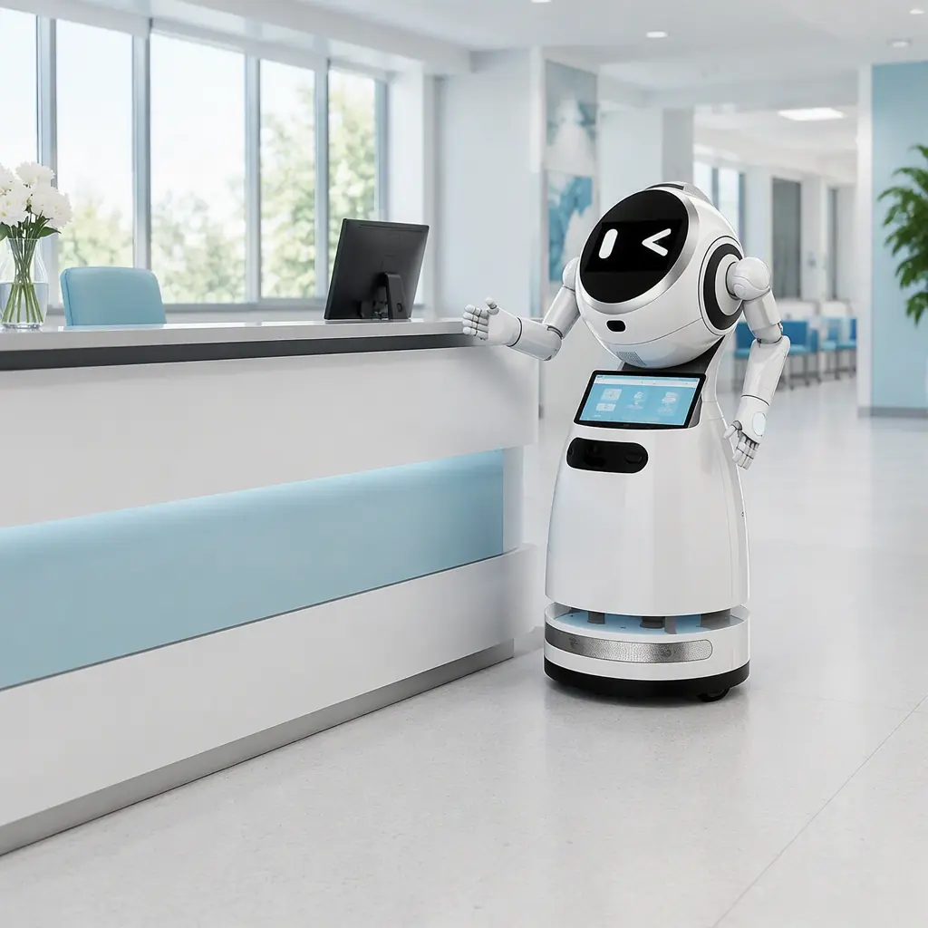 A sleek white humanoid reception robot with a glowing facial LED display standing at a modern medical clinic check-in desk, soft daylight through large windows, clean clinical environment