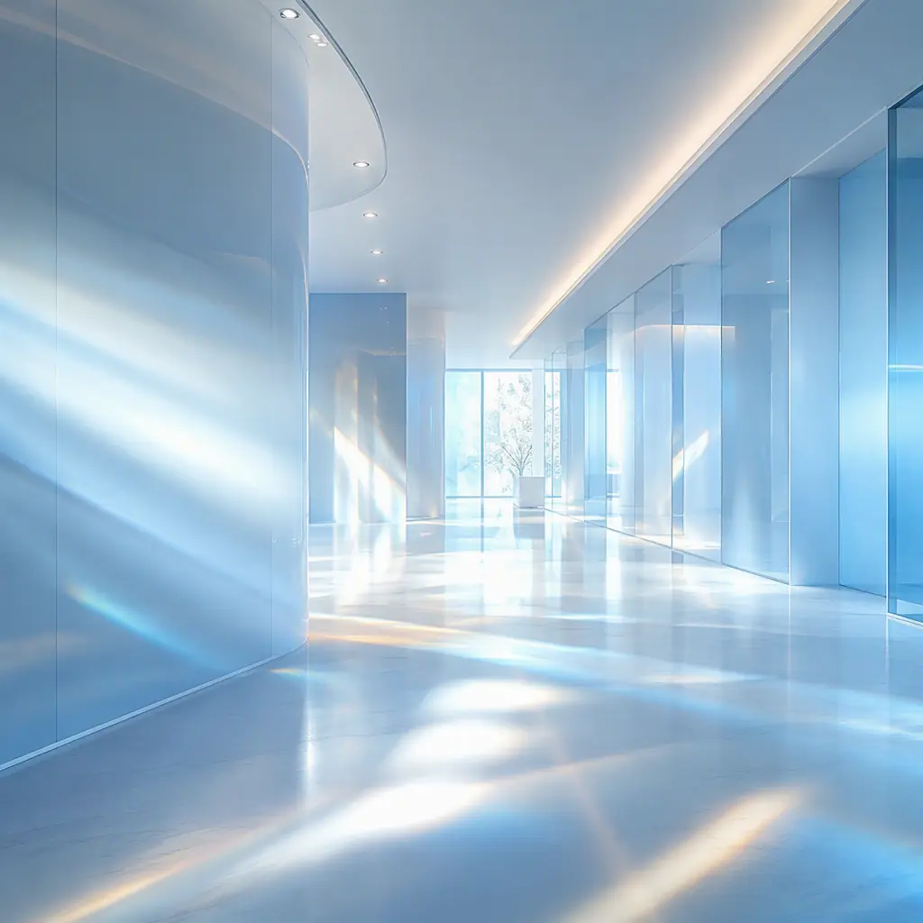 Cool blue and white light refractions across a smooth clinical surface, evoking the sterile precision of a modern outpatient laboratory corridor