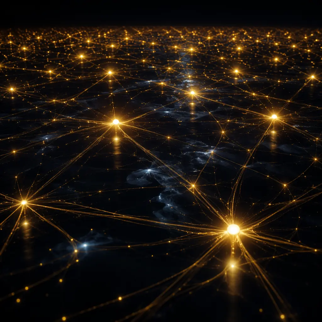 Abstract visualization of interconnected nodes of light spreading across a dark surface, suggesting synchronized operations across distributed locations