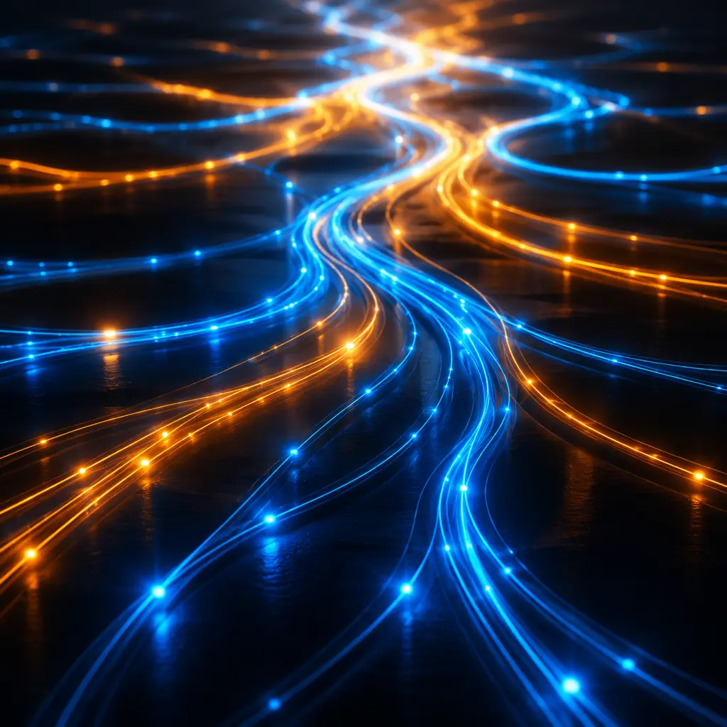 Fluid geometric light paths branching and converging on a dark surface, representing distributed operational workflows connecting multiple hubs