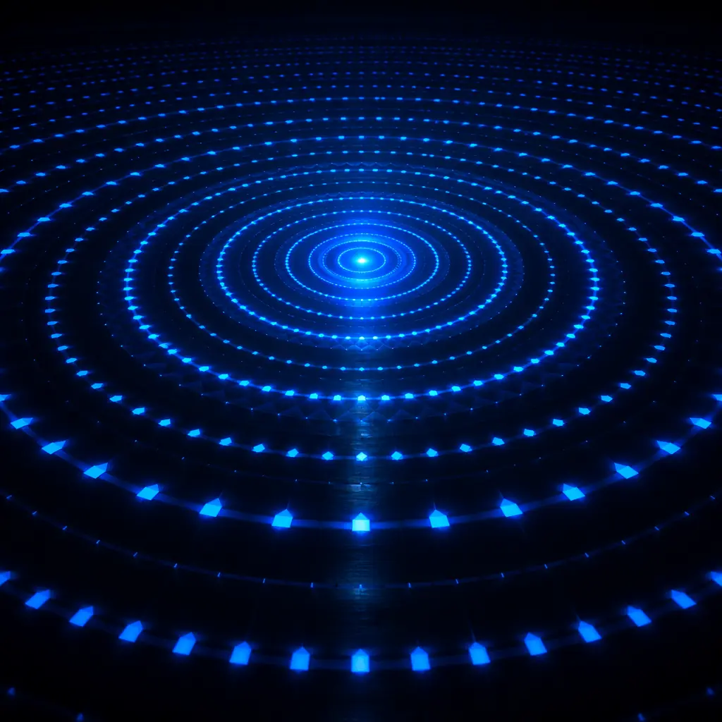 Geometric patterns of light expanding outward in concentric waves from a central point, symbolizing phased scaling and coordinated growth across a distributed network
