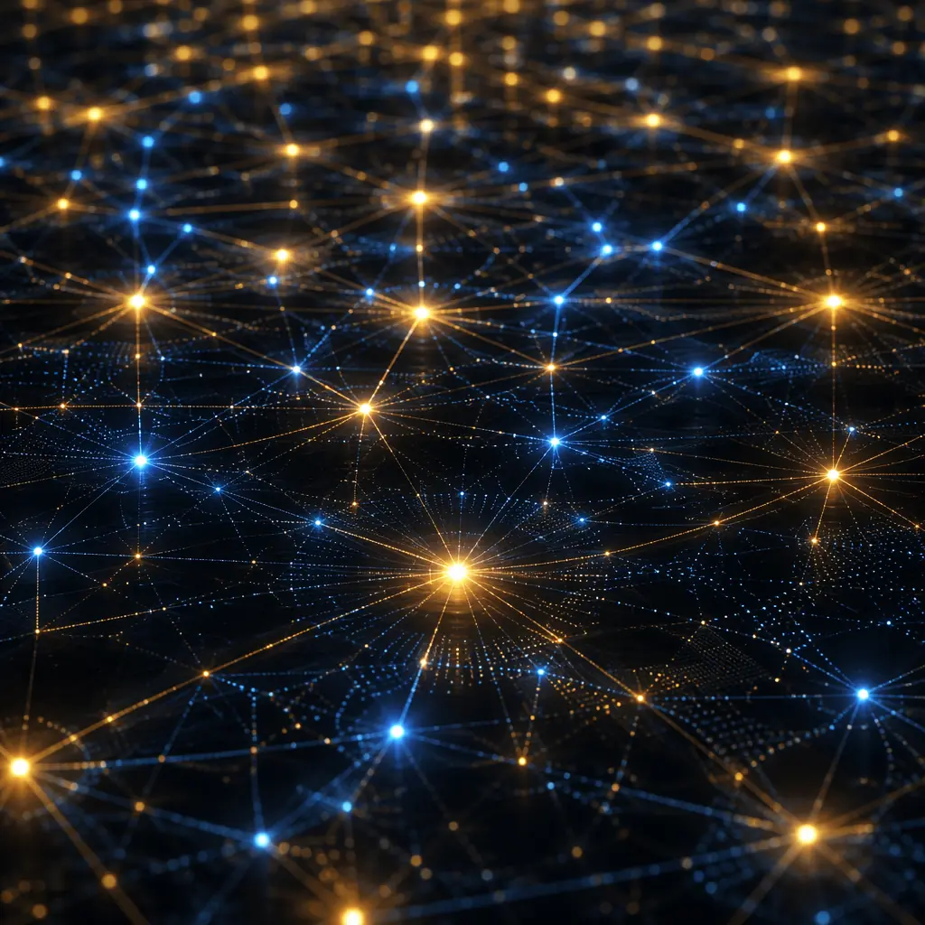 Abstract light grid formation with multiple interconnected bright points, representing economies of scale and distributed resource optimization