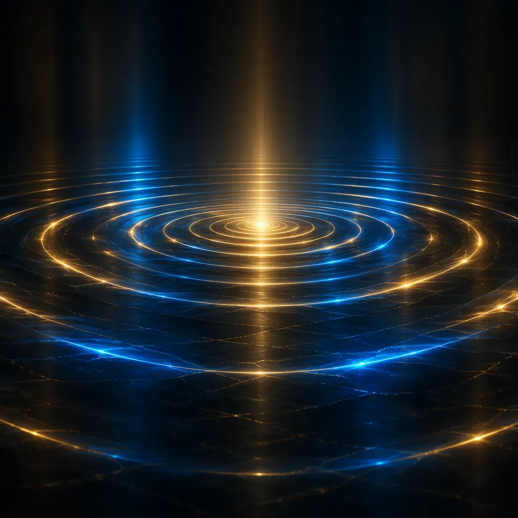 Subtle golden and blue light waves rippling outward across a dark reflective surface, evoking measured expansion and strategic deployment cadence