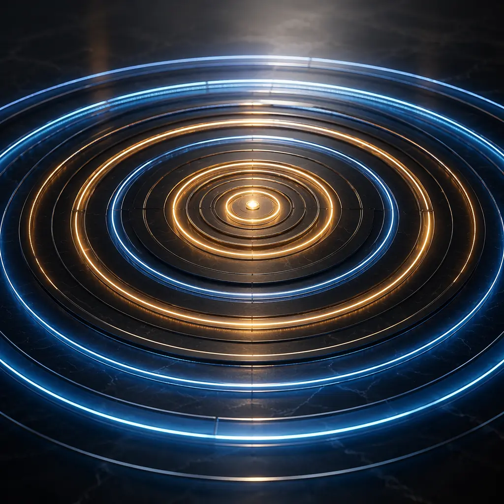 Concentric geometric light rings expanding and stabilizing on a dark surface, representing sustained performance through structured governance