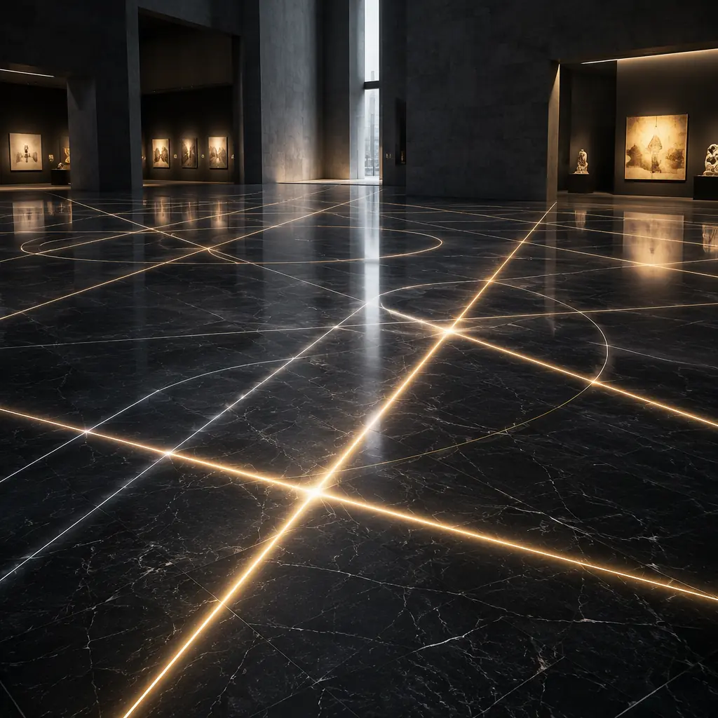Luminous geometric light patterns intersecting across polished marble museum flooring, suggesting autonomous cleaning paths through gallery spaces
