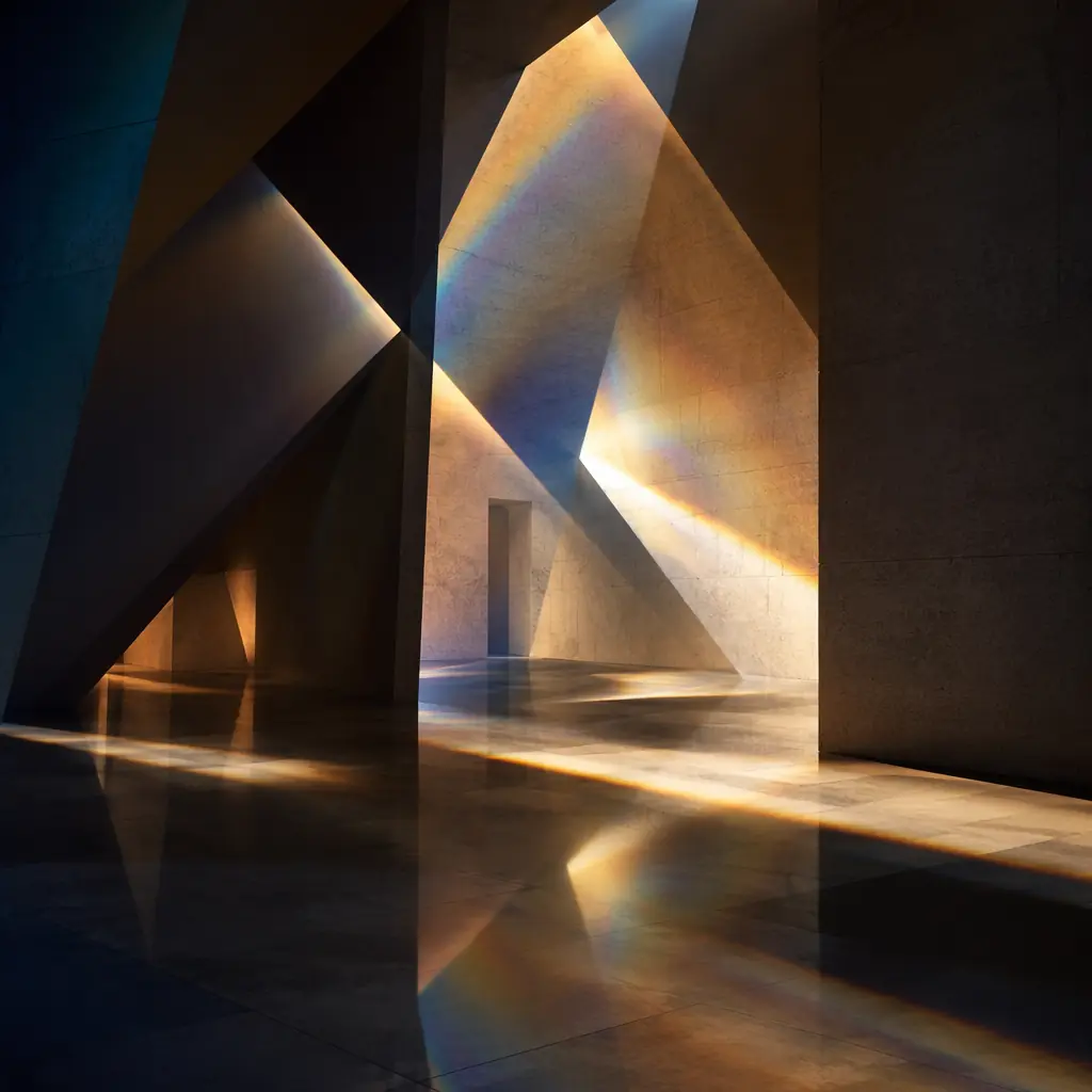 Soft converging light beams creating geometric intersections across a dark reflective surface, evoking the ambient atmosphere of a museum atrium