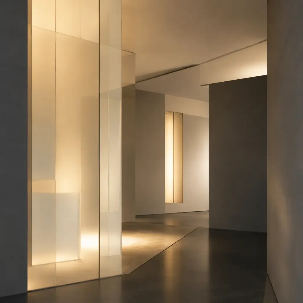 Soft ambient light diffusing through translucent geometric panels, creating layered depth reminiscent of museum gallery lighting design