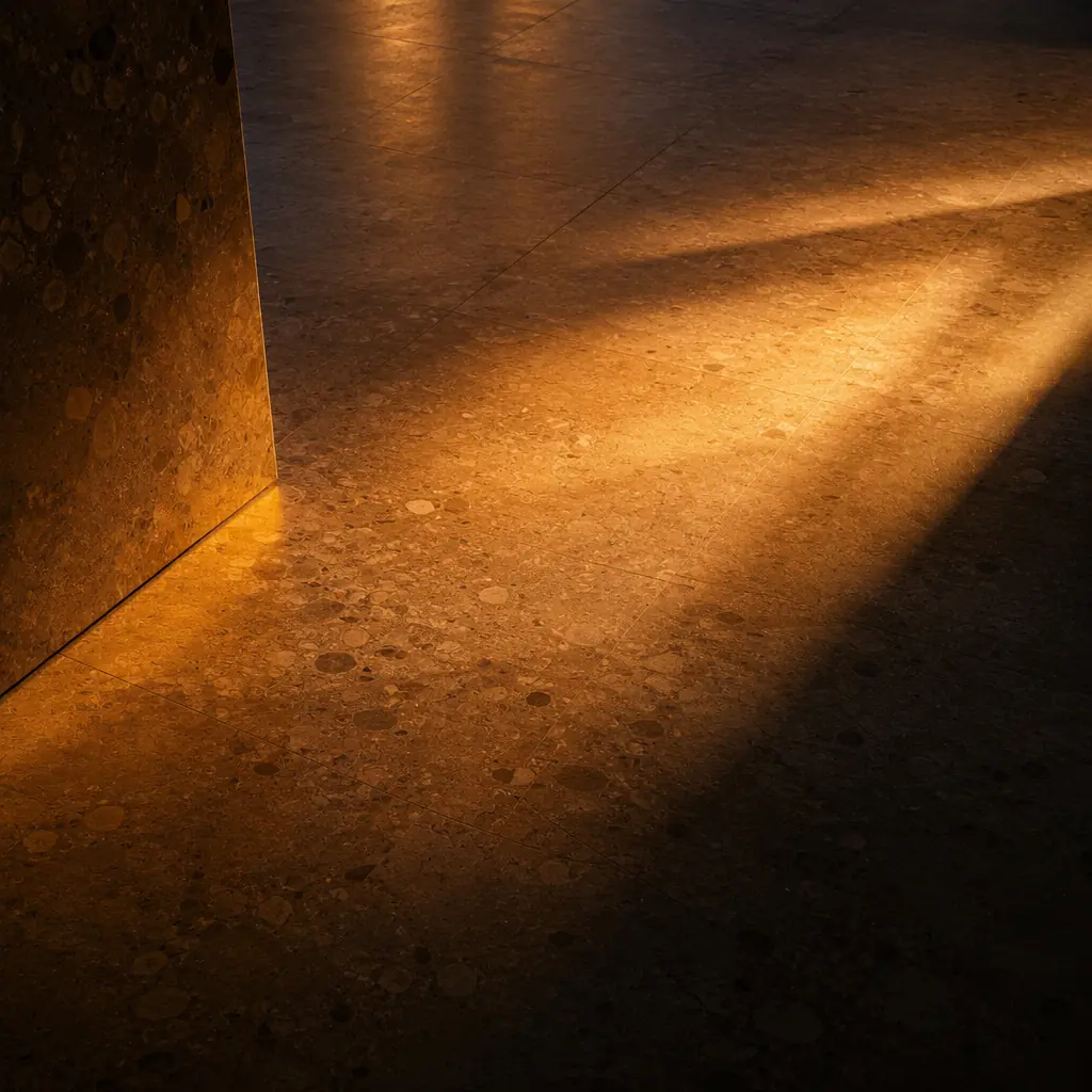 Warm amber light gradients washing across a dark textured surface, with soft geometric highlights suggesting museum lighting conditions