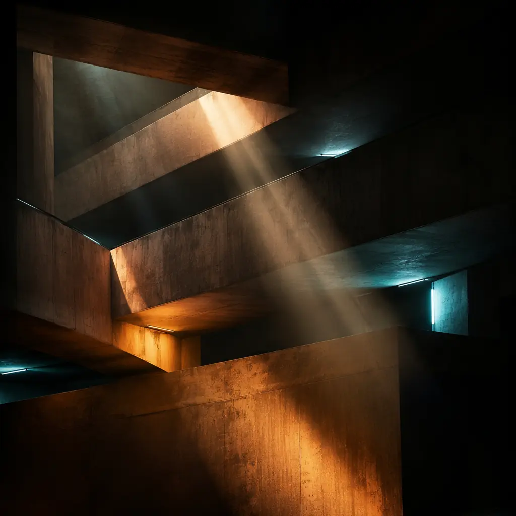 Abstract architectural composition of intersecting concrete planes with dramatic light beams cutting through darkness — warm amber and cool blue highlights suggesting parking structure levels with overhead lighting creating geometric shadow patterns