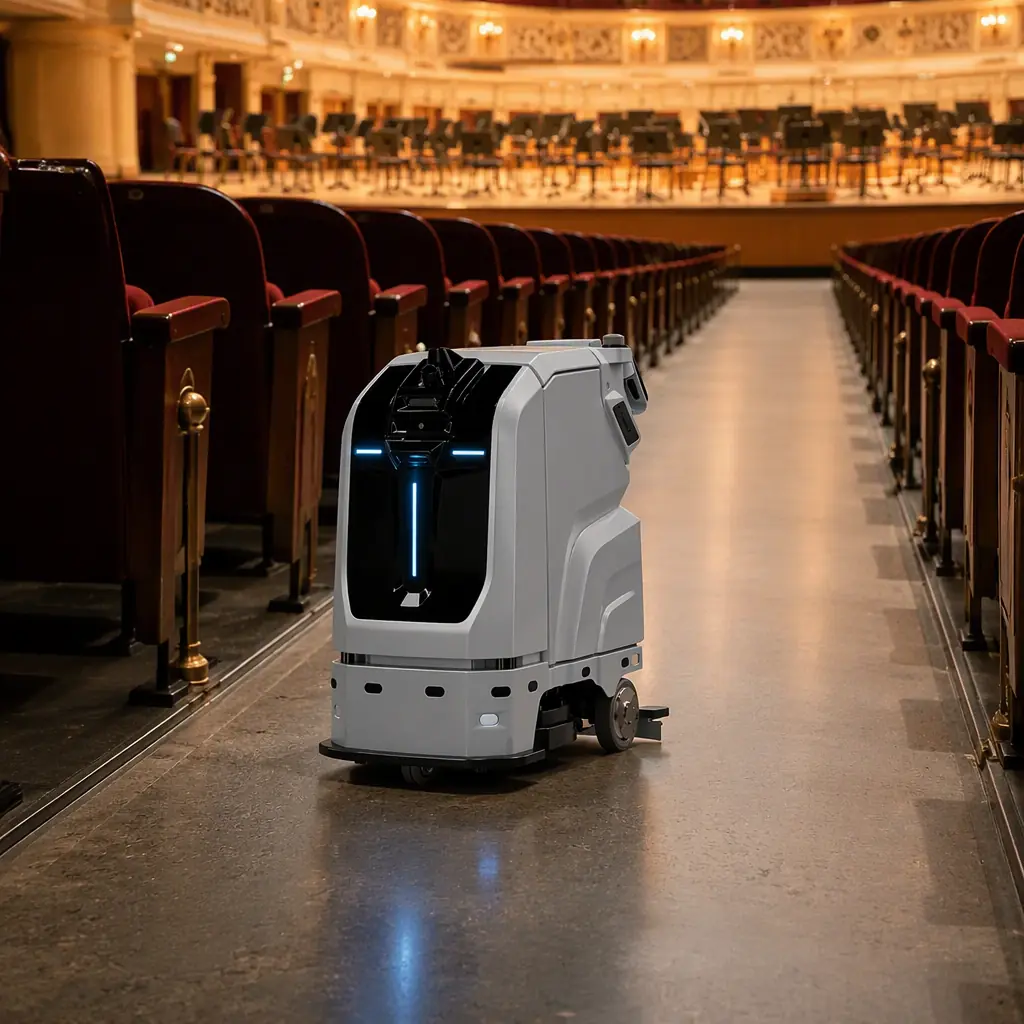 CLEINBOT M79 floor scrubbing robot working silently along a sloped auditorium aisle between theater seats, warm stage lighting in the background, empty concert hall, photorealistic