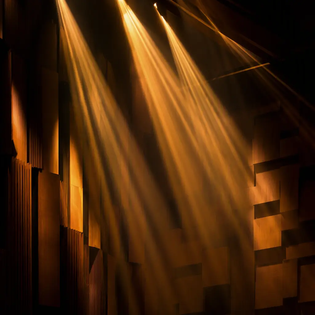 Warm stage light beams cutting through a dark concert hall with acoustic panel walls, abstract light trails and geometric composition, no people, no equipment