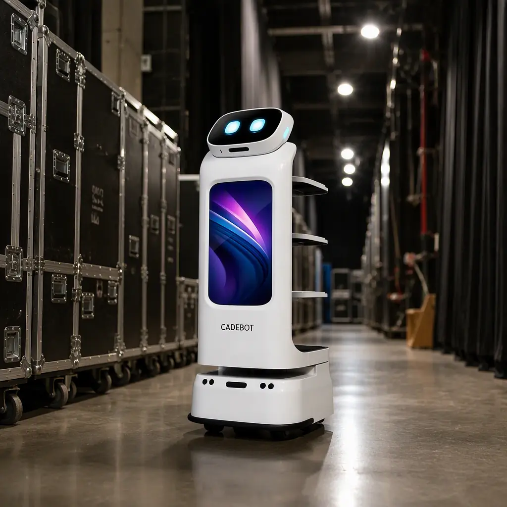 CADEBOT L100 delivery robot with open trays moving along a theater backstage corridor past wardrobe trunks and lighting cases, work lights overhead, photorealistic