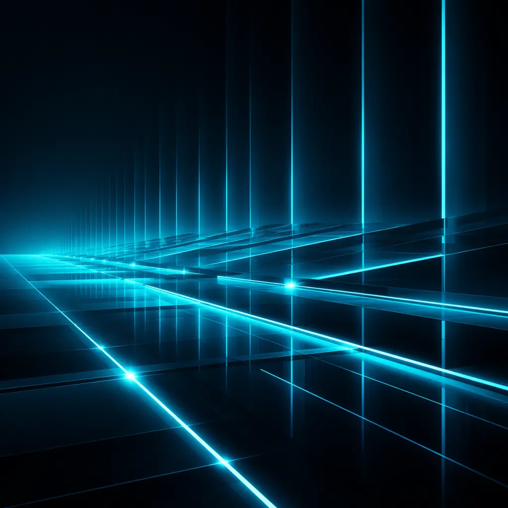 Abstract composition of cyan geometric light patterns and reflective surfaces emerging from darkness, evoking the organized illumination of a modern highway service area at night