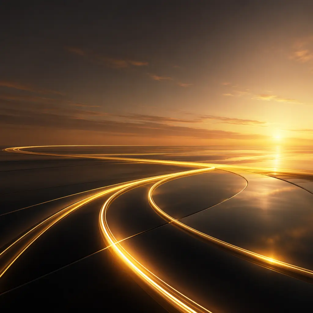 Abstract composition of golden light trails sweeping across a dark reflective surface, evoking the continuous movement of automated cleaning across a fuel station forecourt at dawn
