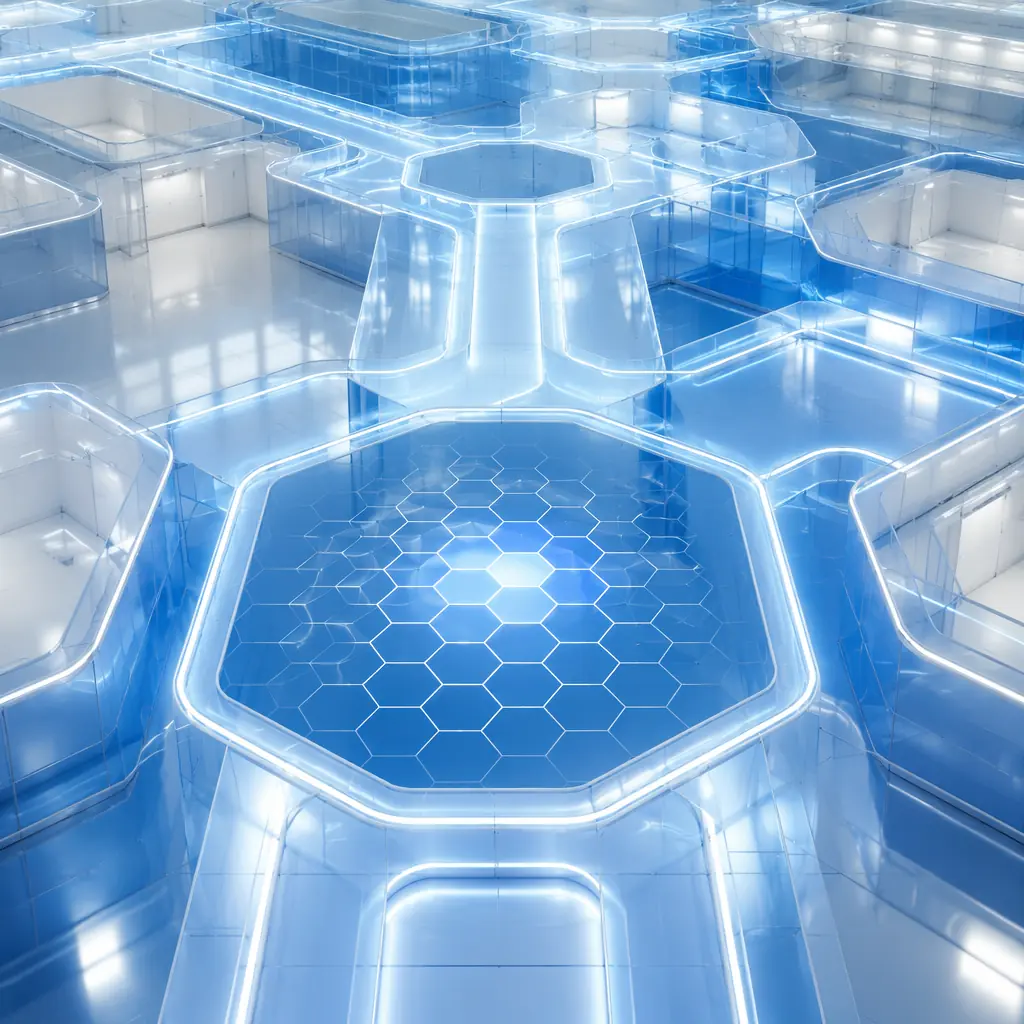 Pristine pharmaceutical cleanroom corridor with cool blue-white ambient lighting, reflective polished epoxy flooring, stainless steel surfaces conveying sterility and GMP-grade precision