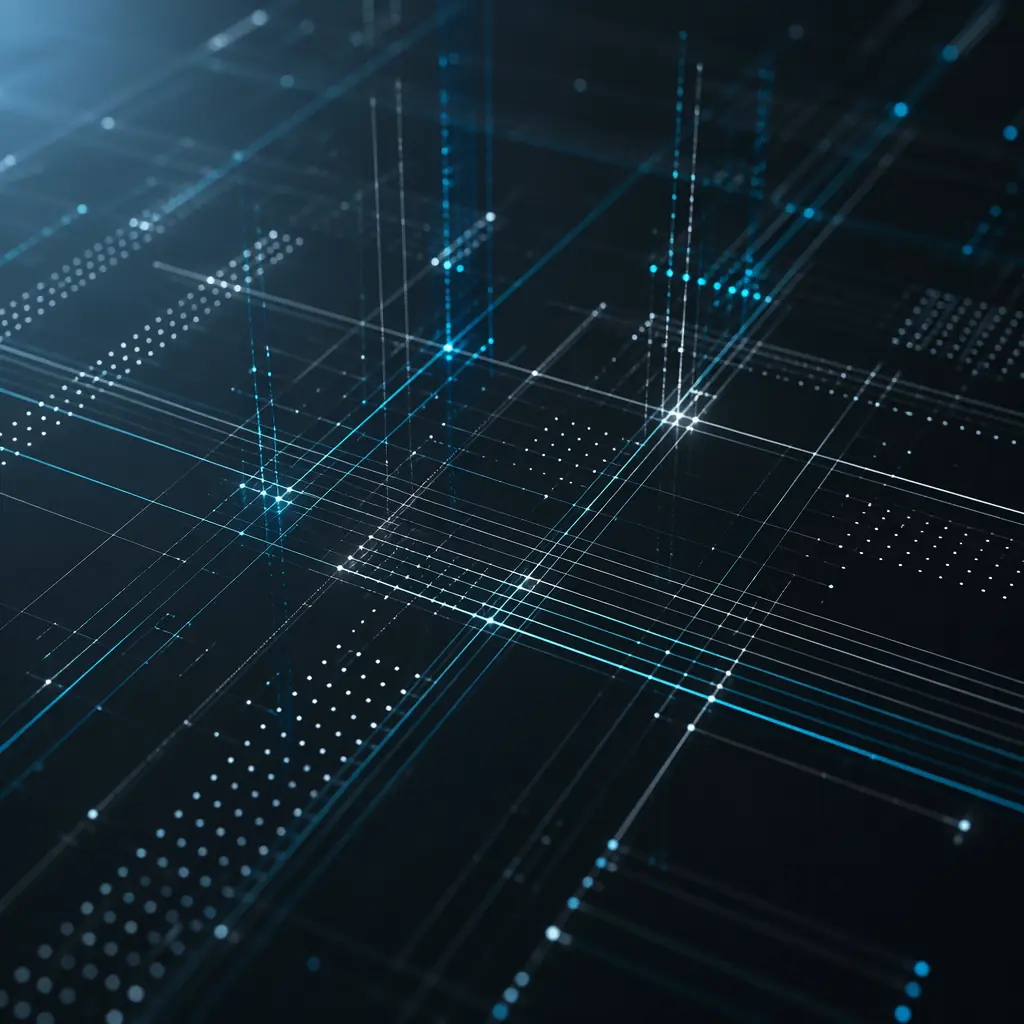 Abstract visualization of precise geometric data patterns emerging from a dark sterile surface, suggesting batch record traceability and serialization tracking systems