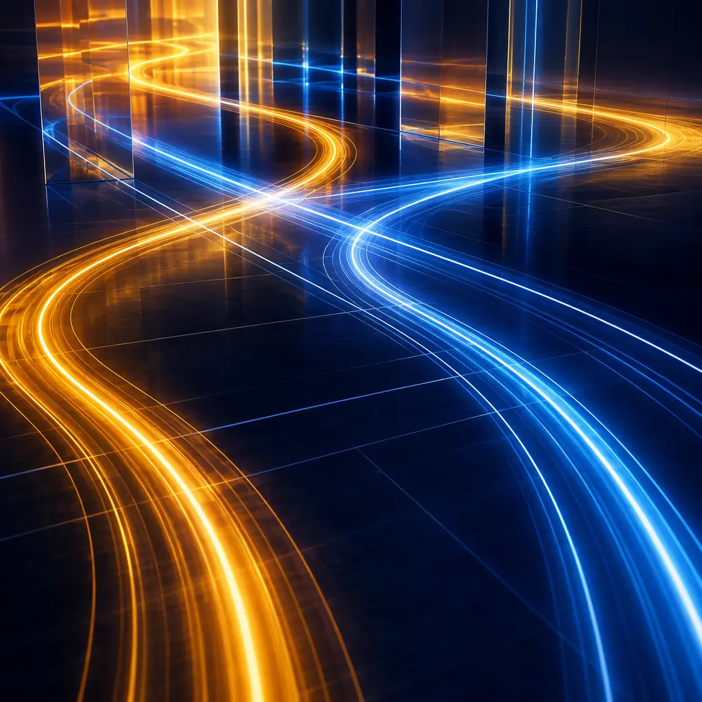Luminous amber and blue light trails flowing across a polished dark reflective floor surface, abstract representation of automated material transport through GMP zones