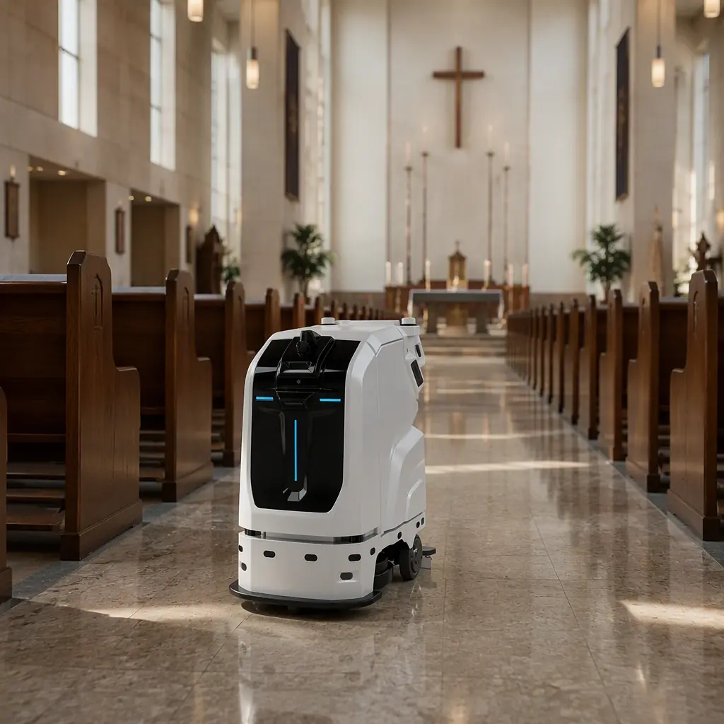CLEINBOT M79 floor scrubbing robot working quietly along the center aisle of a large modern church sanctuary, rows of wooden pews, soft light through high windows, photorealistic