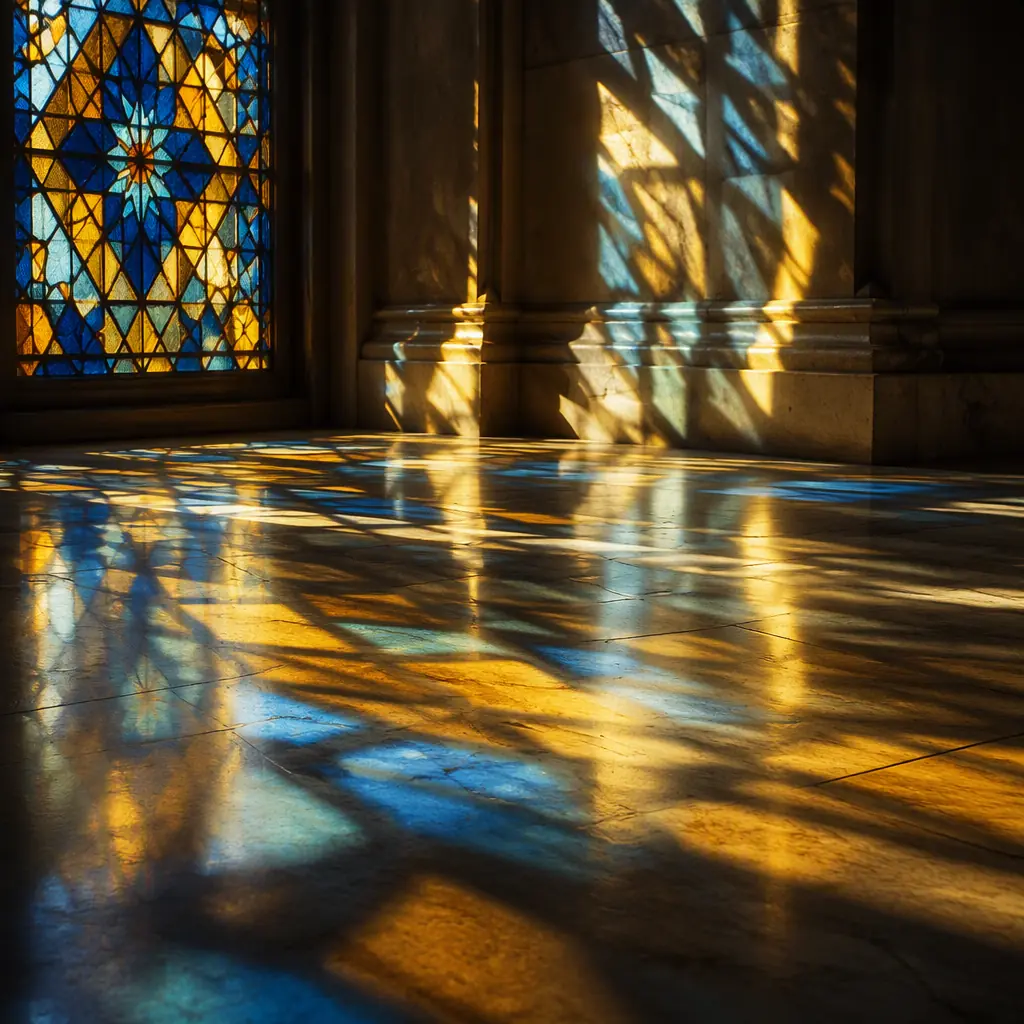 Warm golden and blue light streaming through geometric stained glass patterns onto a smooth stone floor, abstract light and shadow composition, serene atmosphere, no people