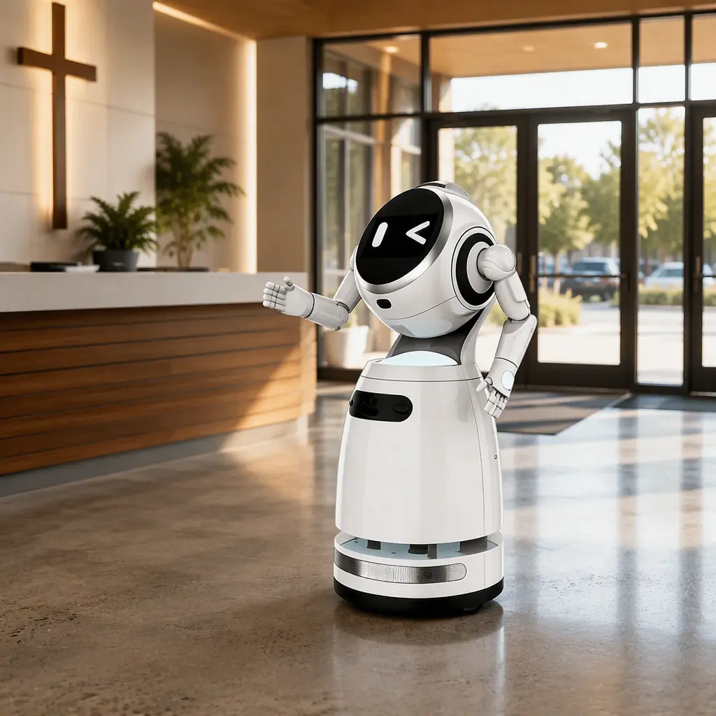 CRUZR humanoid reception robot standing in the bright lobby of a modern church building, welcome desk and glass entrance behind it, morning light, photorealistic