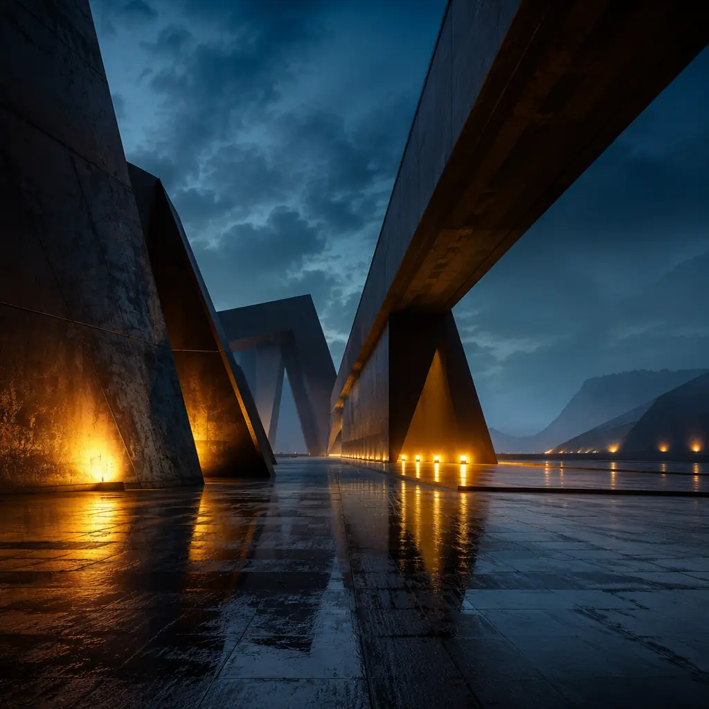 Massive angular steel structures with deep blue twilight sky visible through geometric openings, warm amber dock lights reflecting off polished concrete floor — evoking the monumental scale of cargo terminal architecture