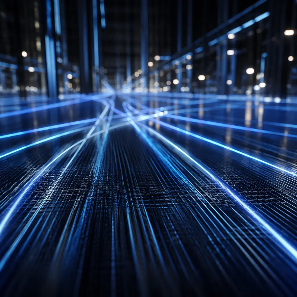 Sweeping abstract lines of cool blue light intersecting across a textured dark surface, suggesting industrial scale and precision motion within a vast architectural volume