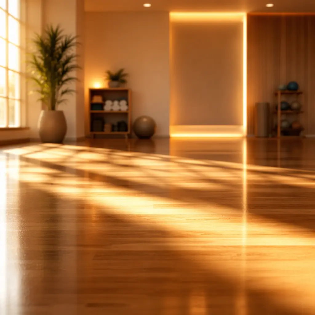 Warm amber and soft white light gradients flowing across a polished surface, evoking the therapeutic calm and precision of a modern physical therapy environment
