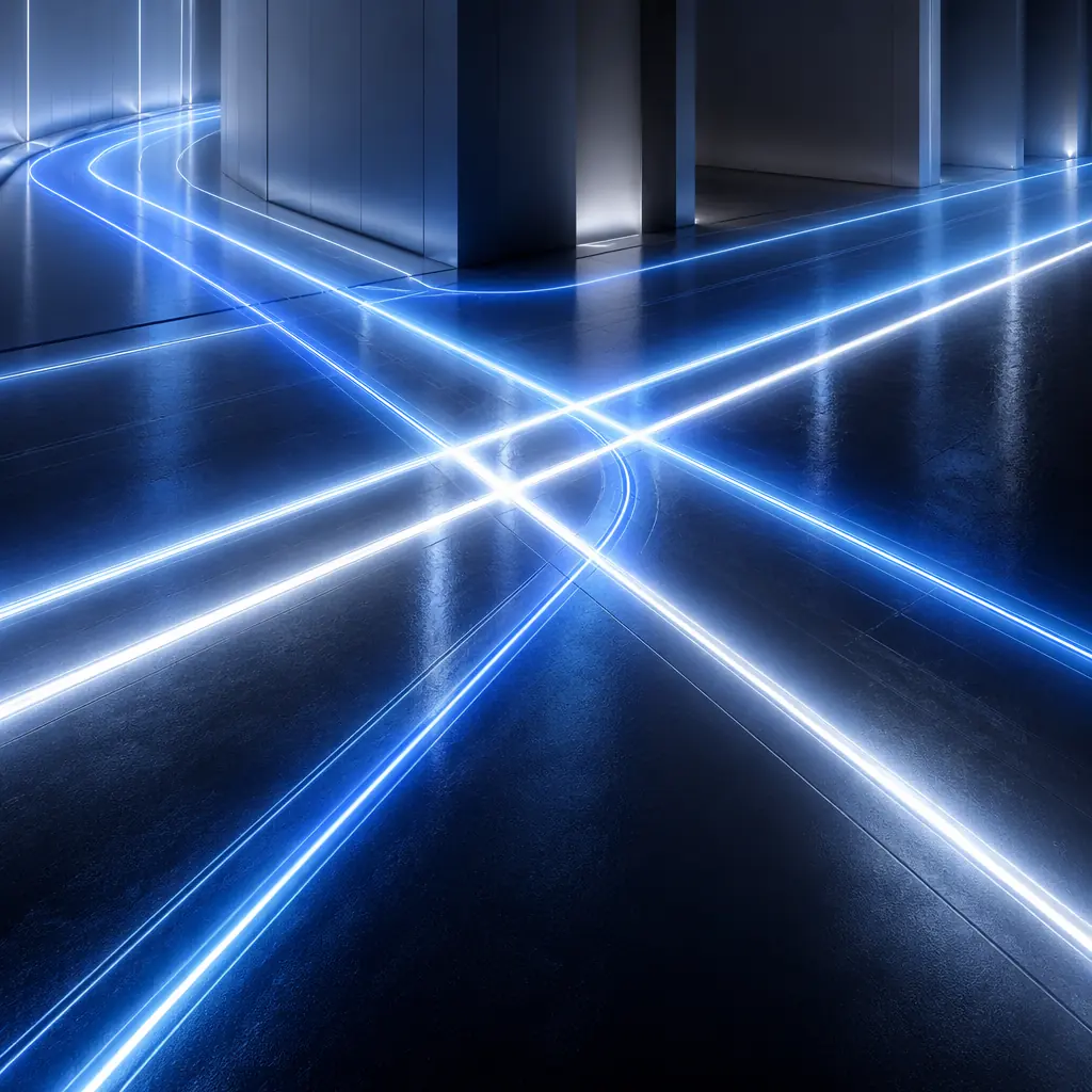 Cool blue and white light beams intersecting on a dark floor, suggesting the efficient, sterile flow of supplies through a modern healthcare facility
