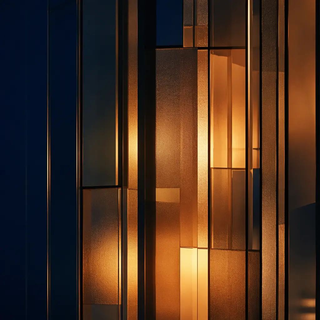 Abstract composition of warm amber light panels intersecting vertical architectural lines against a deep navy background — suggesting the structured geometry of a modern residential tower at dusk with illuminated common areas