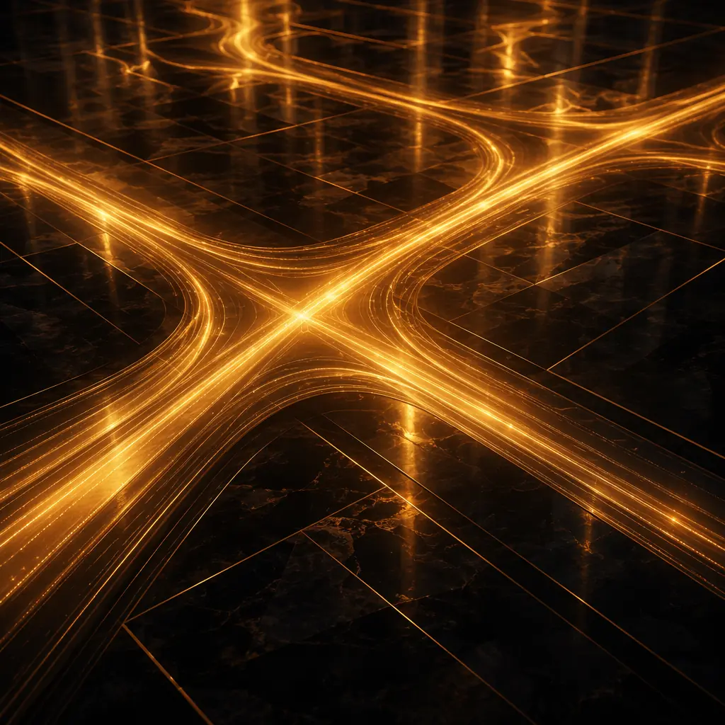 Abstract visualization of luminous pathways intersecting across a dark reflective surface, evoking the flow of movement through a structured environment