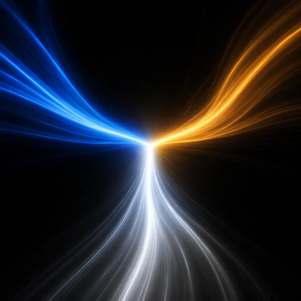 Abstract visualization of three distinct light paths converging toward a central illuminated point on a dark field, suggesting multiple coordinated functions