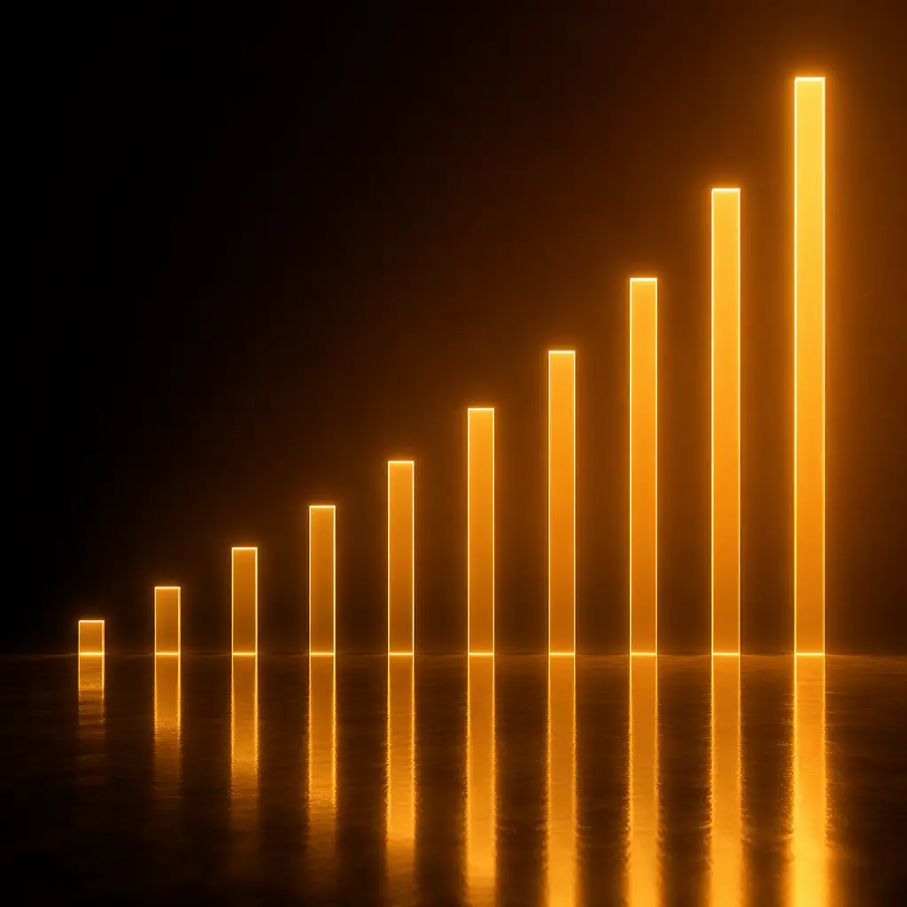 Abstract visualization of ascending vertical light bars resembling a bar chart against a reflective surface, suggesting growth and measurement