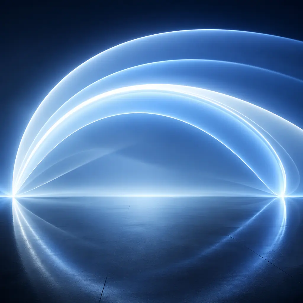 Abstract visualization of sweeping protective arcs of light above a smooth reflective dark surface, evoking cleanliness and safety