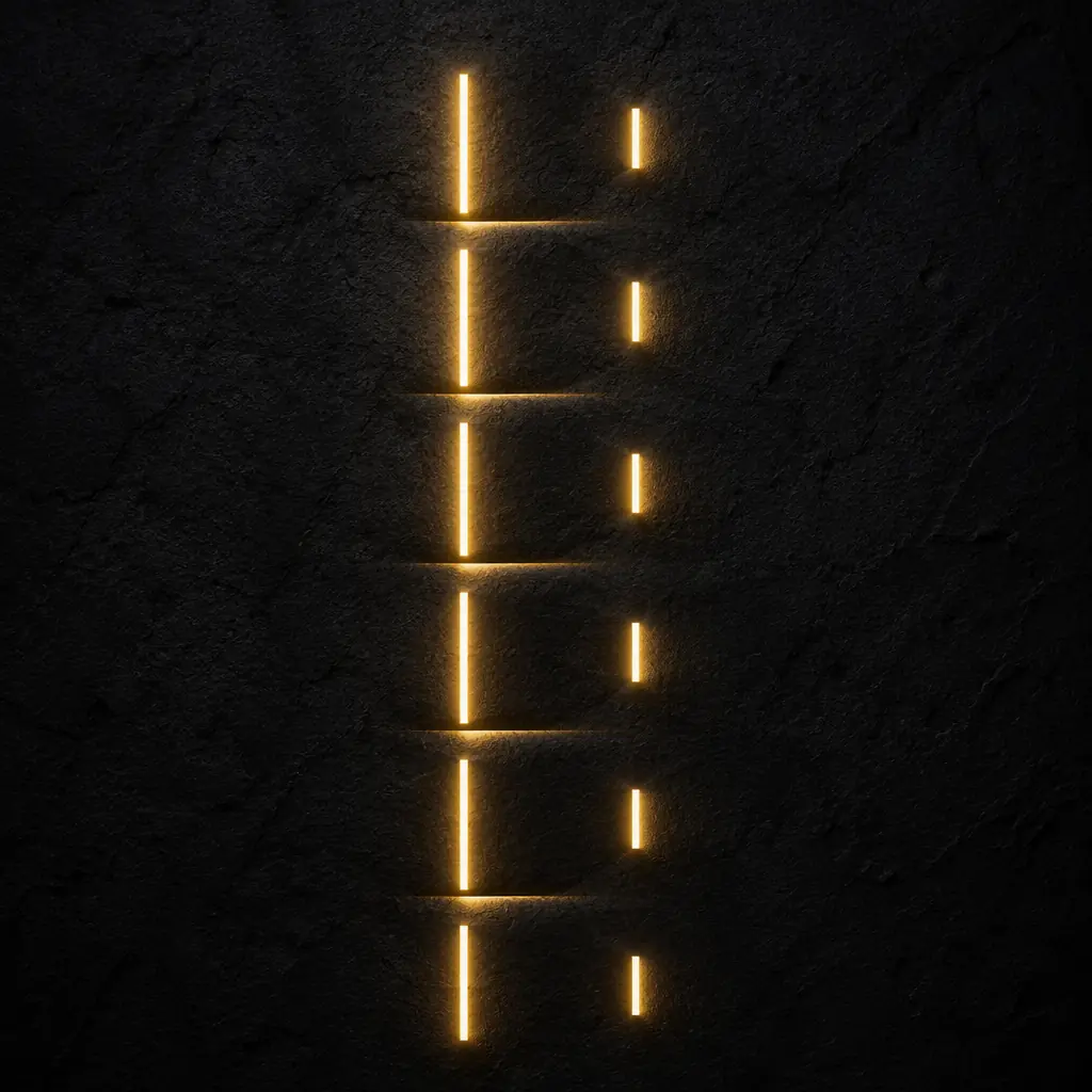 Abstract visualization of an illuminated checklist-like pattern of vertical light segments against a dark textured surface