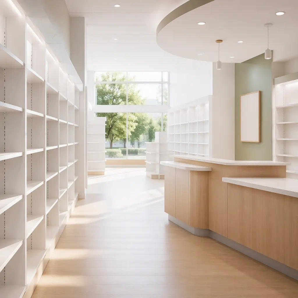 Abstract retail pharmacy interior atmosphere, clean white shelves and a consultation counter, soft daylight, empty space, no people, no robots