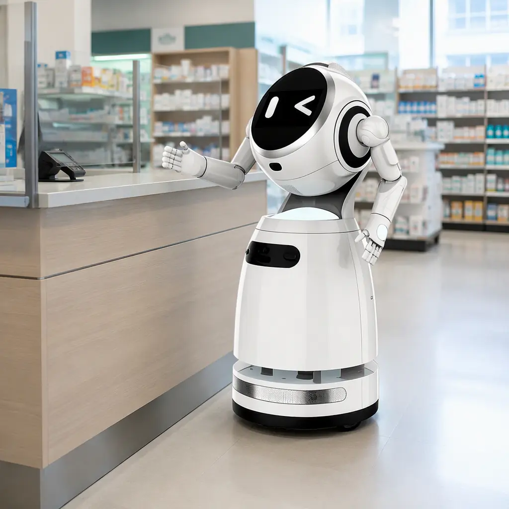CRUZR humanoid service robot standing beside a pharmacy pickup counter in a bright modern drugstore, white and light gray body, friendly screen face, photorealistic