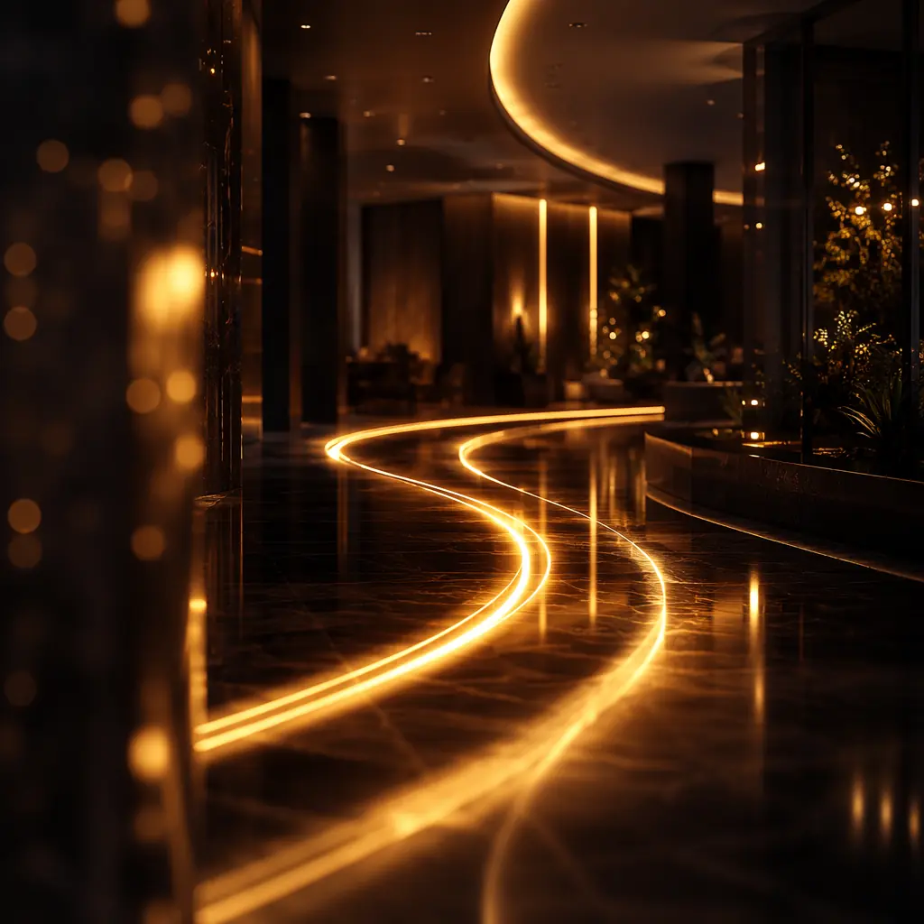 Abstract golden light trails tracing a patrol path through a dark corridor with reflective surfaces