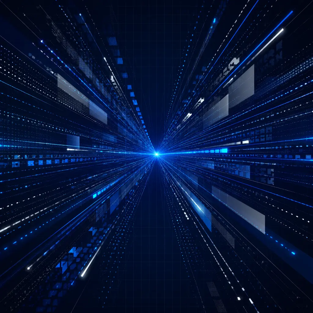 Abstract blue and silver geometric patterns suggesting data streams converging on a monitoring hub