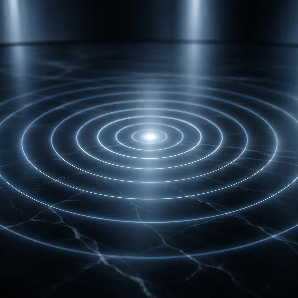 Abstract pattern of concentric light rings radiating from a central point on a dark surface