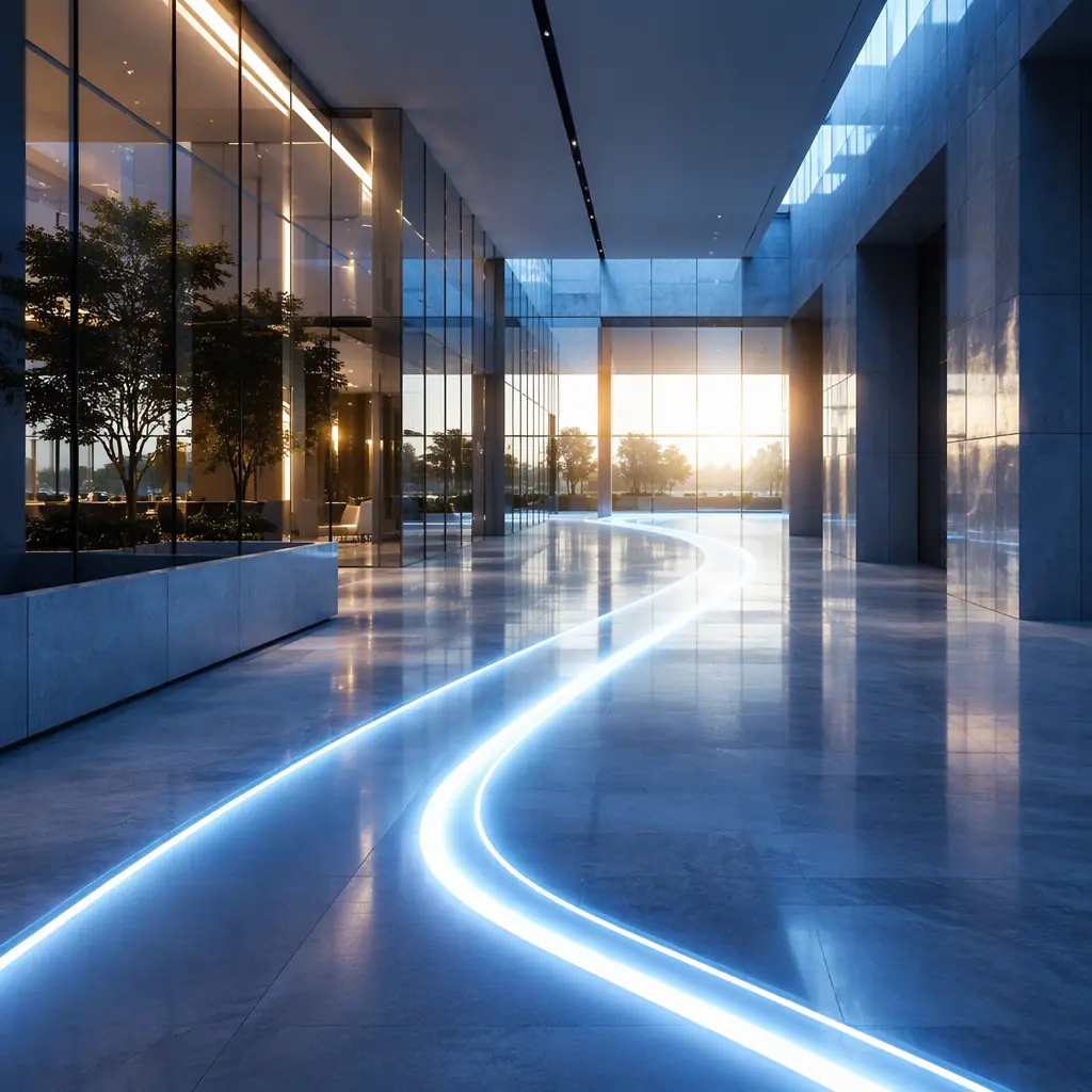 Abstract visualization of a structured path made of light crossing through an architectural space