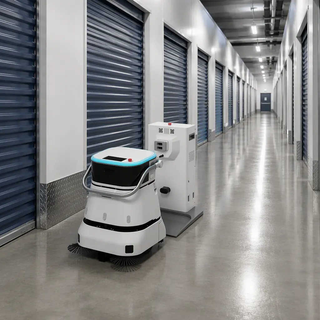 A compact white floor scrubbing robot working along the corridor of a climate-controlled self-storage facility, rows of unit doors receding in perspective, clean industrial lighting