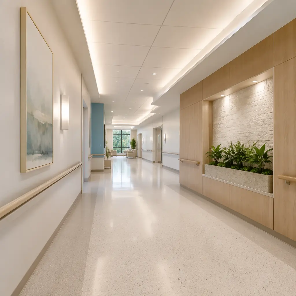 Warm, modern senior living common area with soft natural light and clean surfaces